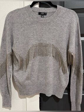Aqua Light Gray Crewneck Cashmere Sweater with Metallic Stud Wave Detail